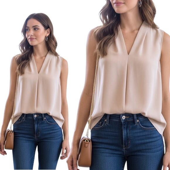 Vince Camuto Pleated V-Neck Sleeveless Beige Blouse Top Hi Low Women’s Sz S-READ - Picture 1 of 8